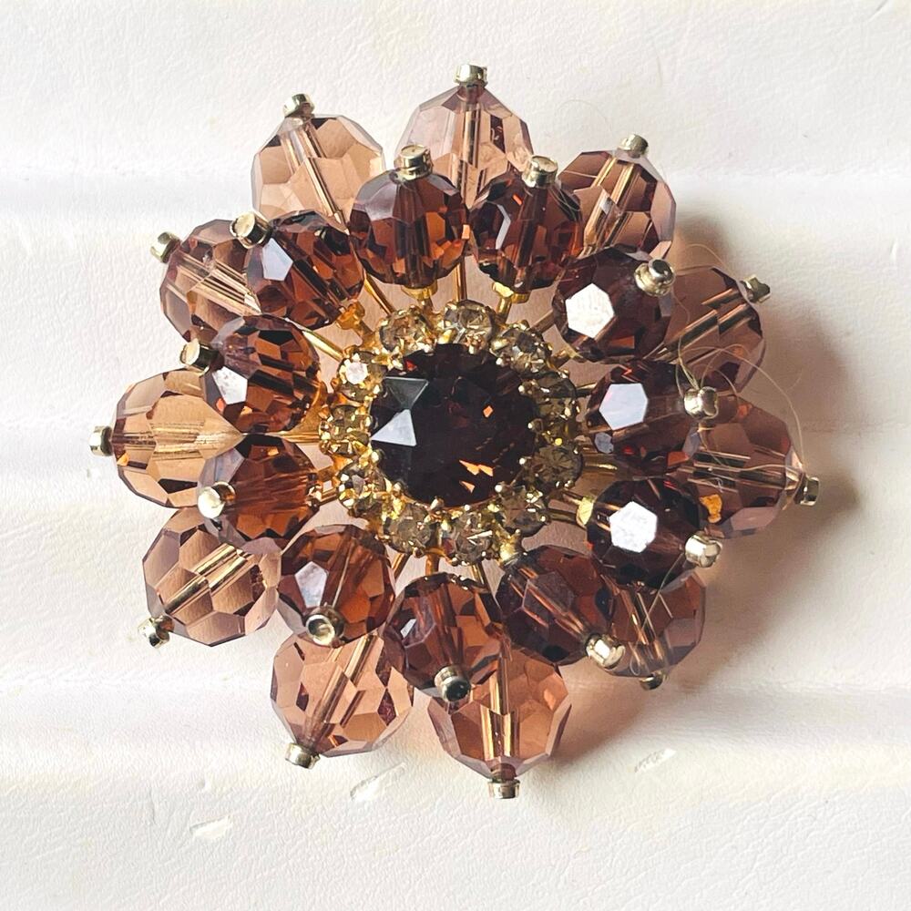Vtg MCM Beau Jewels Amber Austrian Crystal Bead Brooch Smoky Topaz Root Beer